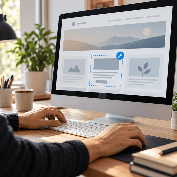 WordPress-yrittäjä istuu kannettavan tietokoneen äärellä, luottaen Avosorsan nopeaan kertaluonteiseen korjauspalveluun teknisten virheiden ratkaisemiseksi.