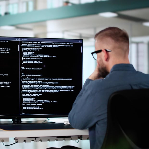 IT-asiantuntija seuraamassa DNS-tietueita ja verkkotunnuksen tilaa tietokonenäytöltä koodieditorissa.