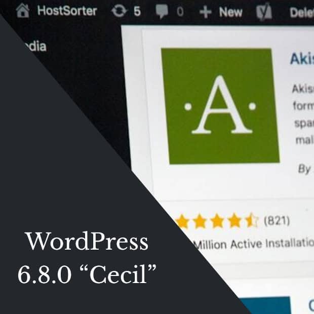 WordPress 6.8.0 Cecil -versio julkaistiin huhtikuussa 2025. Kuvassa WordPressin lisäosien hallintasivu.