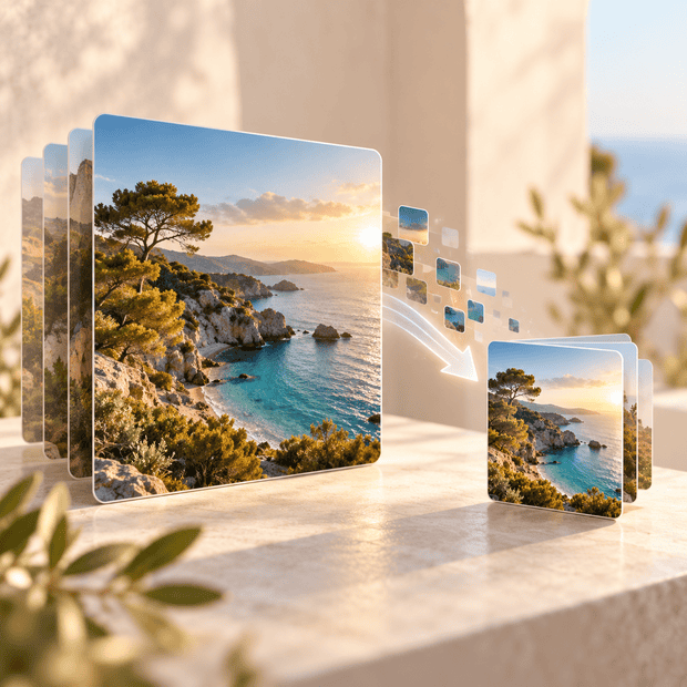 Stack of layered landscape photos showing a rocky coastline at sunset, with a glowing line suggesting sharing or transfer between frames.